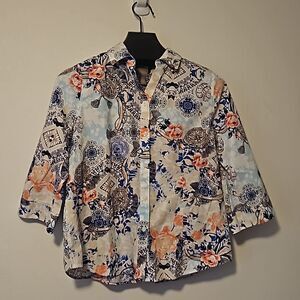 Chico’s 100% Linen Non-Iron Floral Loop-Back Tunic Button Up Shirt Chico's 2 (L)